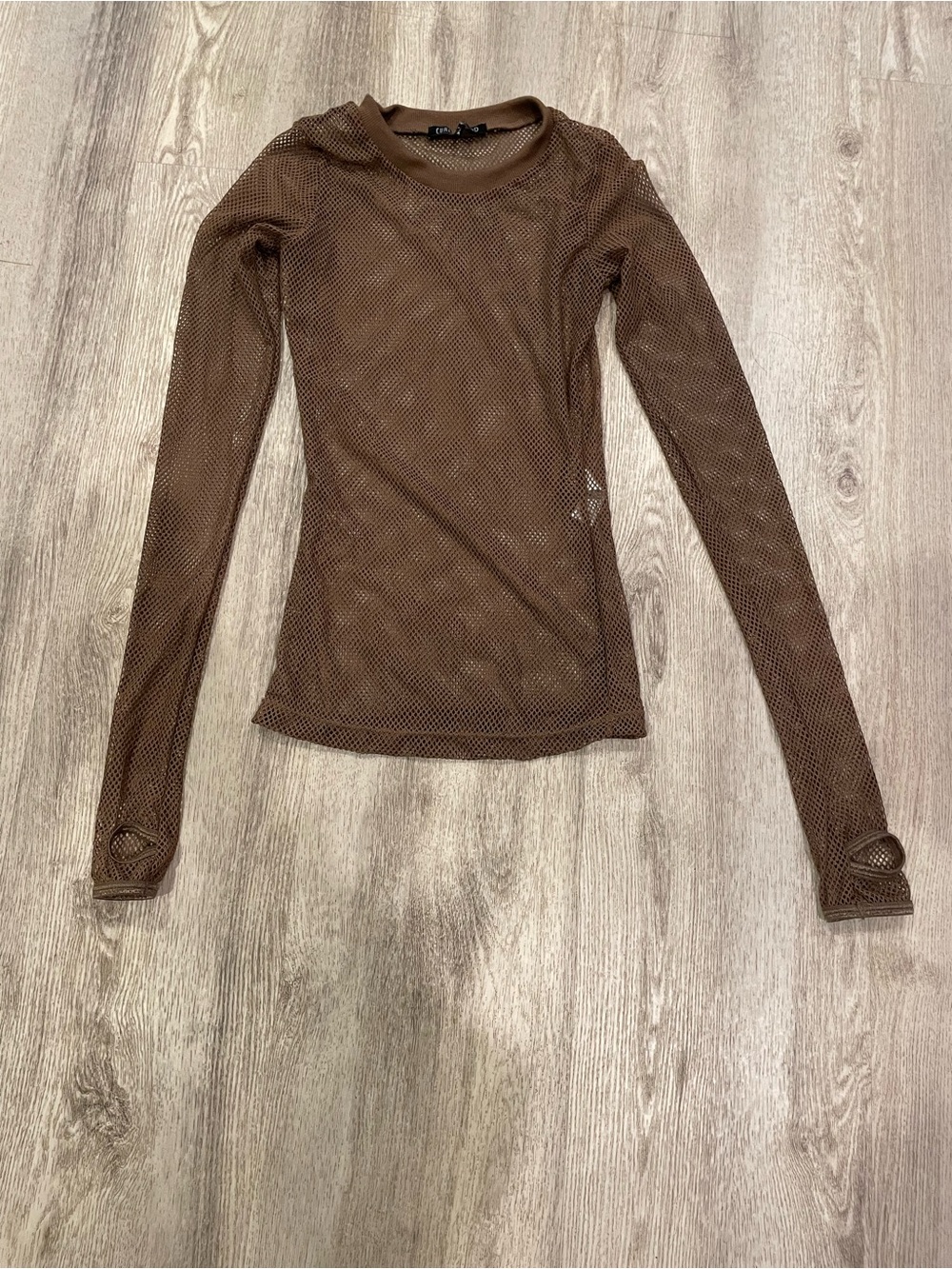 Current Mood Brown Sheer Mesh Long-Sleeve Top with thumb holes